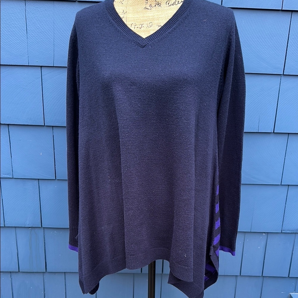 💜💜💜Larsen Gray large black purple stripes oversized sweater pull over V neck